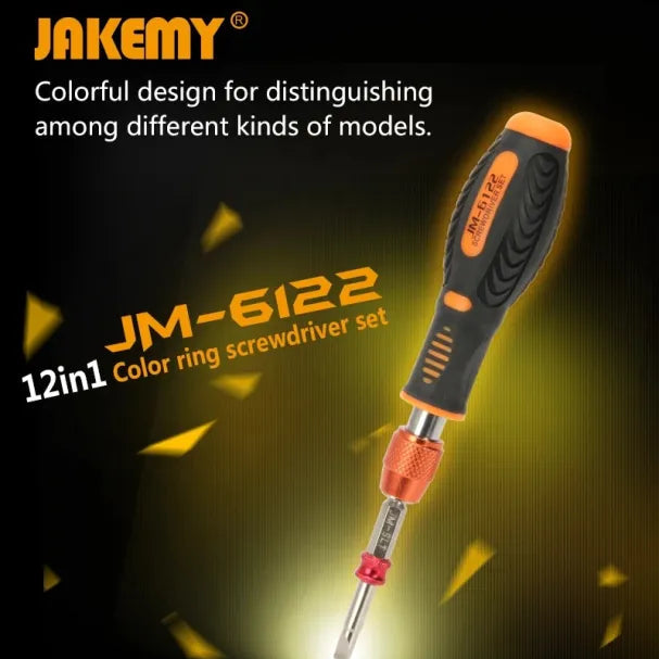 Promotional image for JAKEMY JM-6122 12-in-1 color ring screwdriver set, highlighting its colorful design.

