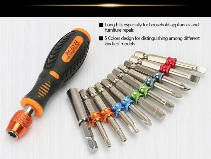 The JAKEMY screwdriver small set with long, color-coded bits, suitable for household and furniture repair.