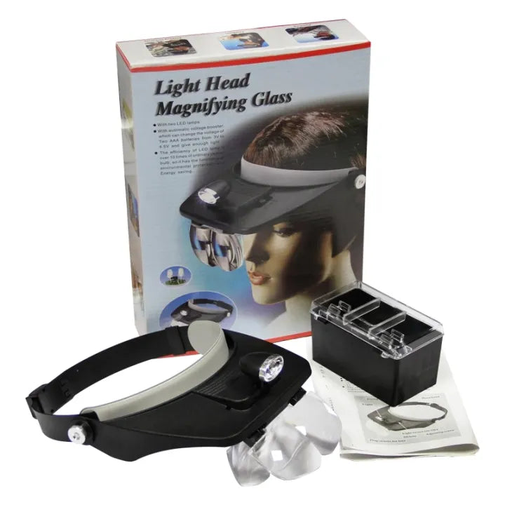 Light head magnifying glasses with packaging and all accessories on a white background
