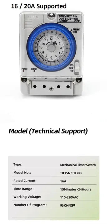 Image showing a mechanical timer switch (TB35N/TB388 model) and its technical specifications.


