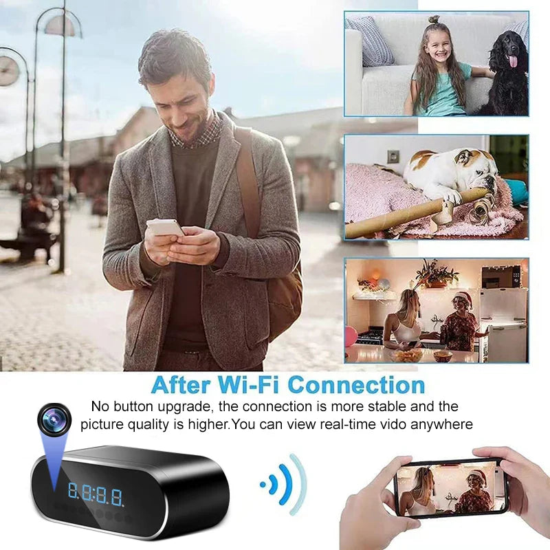 Wireless Secret Clock Camera with audio  and Person using a smartphone with a screen displaying multiple video feeds, including a dog and people in different rooms. The device is shown with text about Wi-Fi connection stability and picture quality.