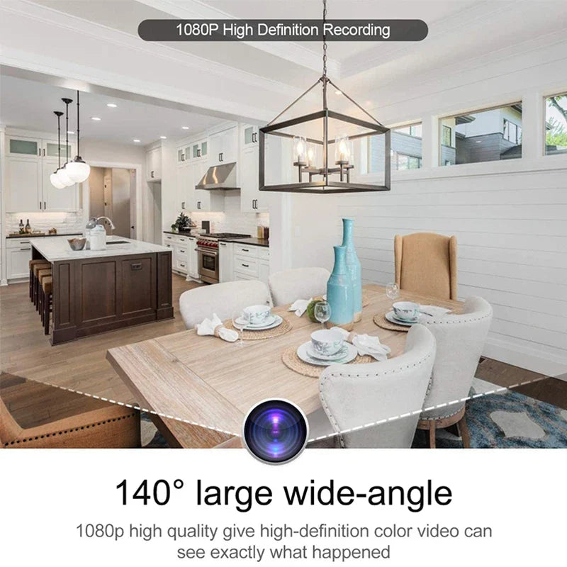 Dining room with a table set for a meal, featuring a  hidden clock camera lens graphic and text about video recording quality.