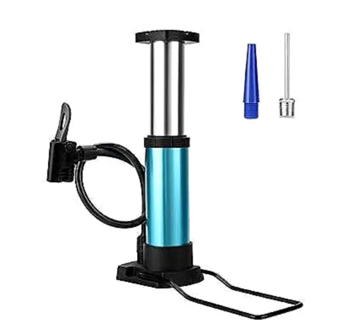 A blue and silver portable manual air pump with its included nozzles for different inflatables like bicycle tires and sports balls.