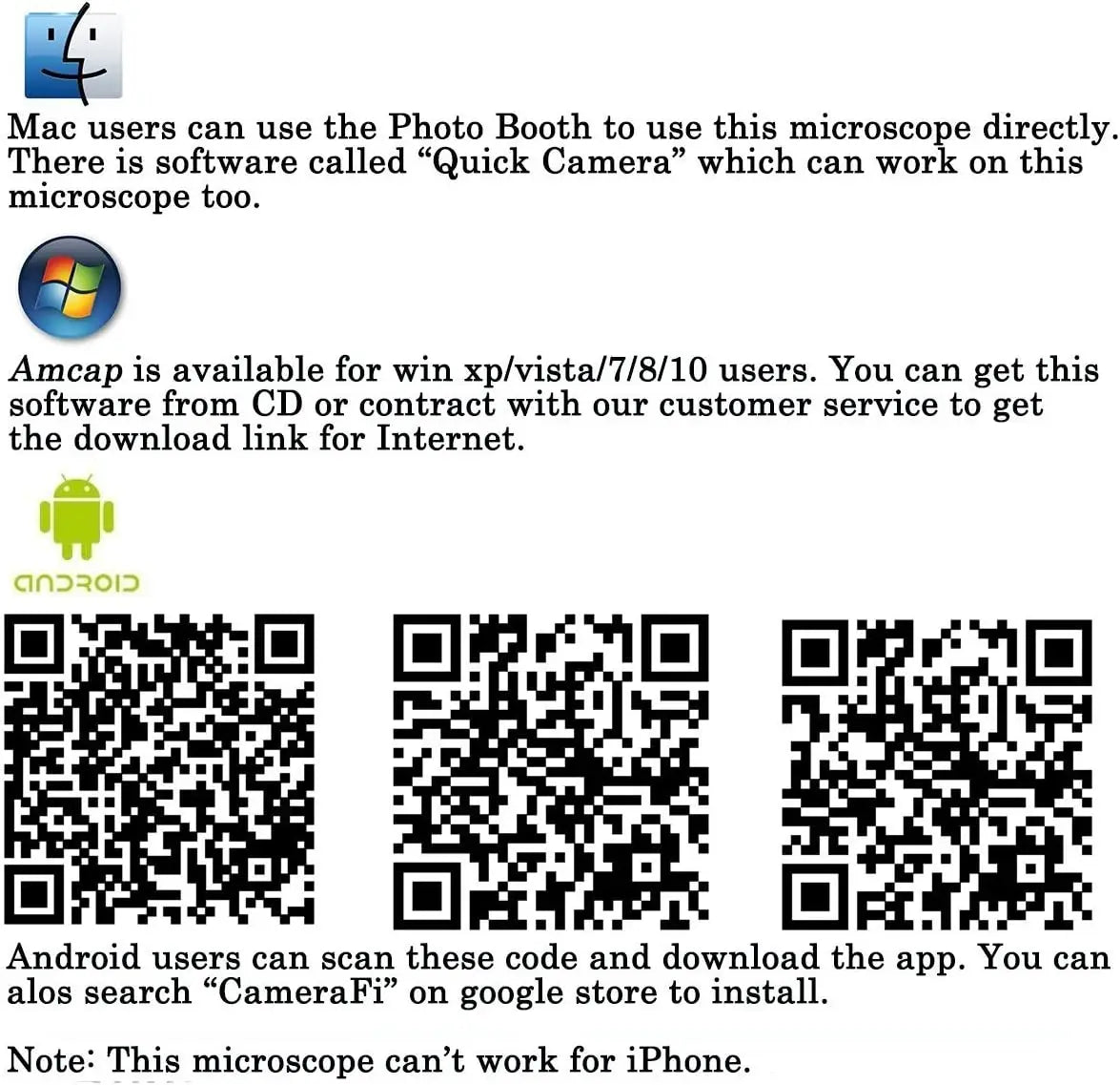 Text and icons about using a  mini microscope with software for different operating systems.
