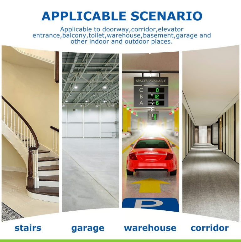 smart PIR  motion sensor bulb holder Promotional image for indoor and outdoor space solutions with images of stairs, garage, warehouse, and corridor.