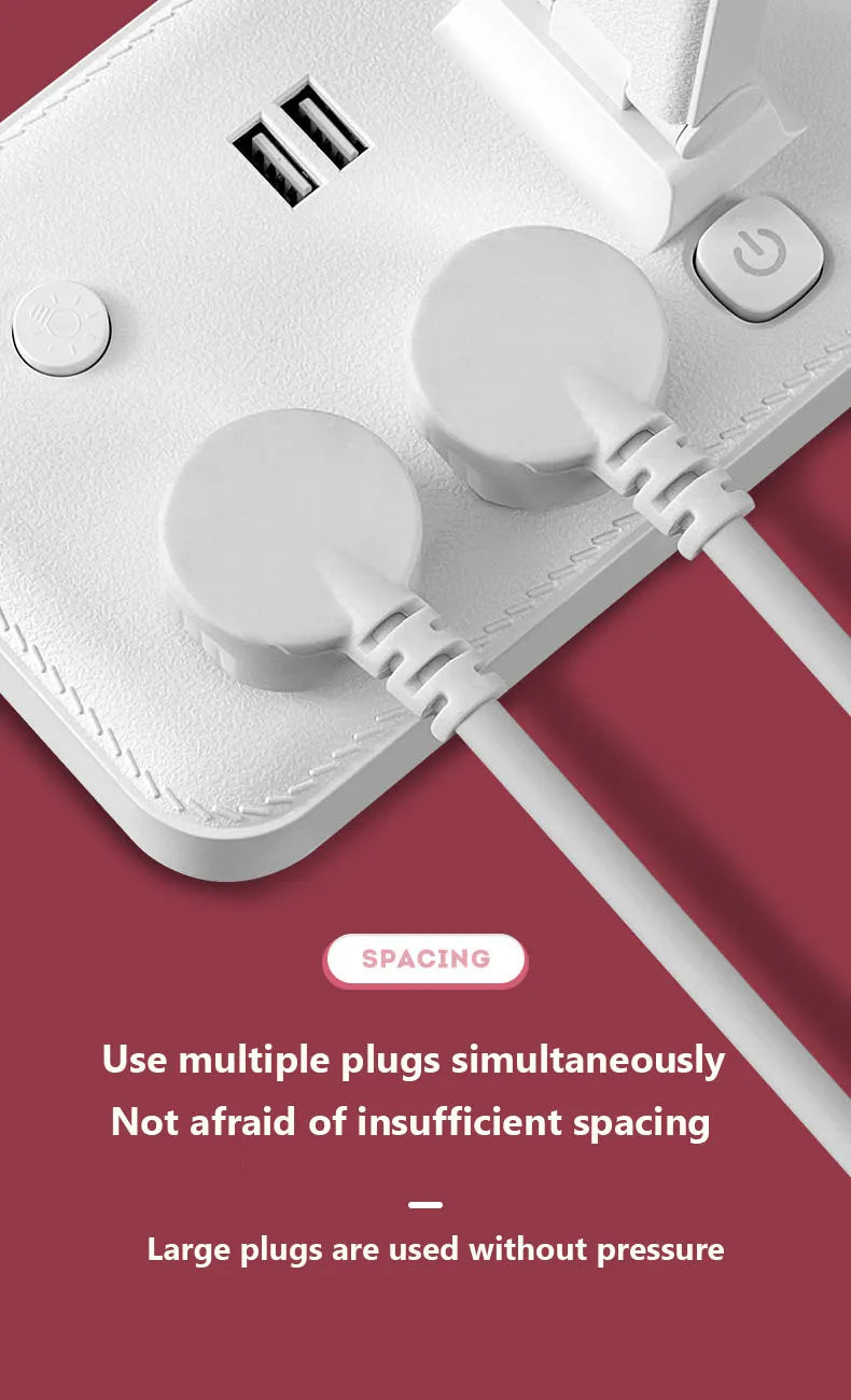  White table lamp for study base with multiple plugs showing excellent spacing for chargers.