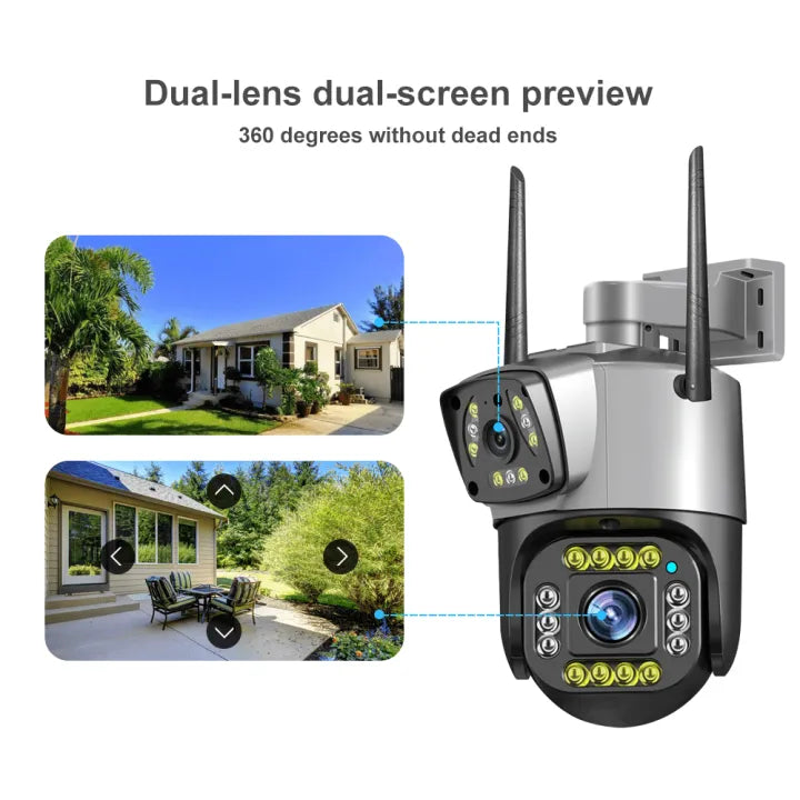 Outdoor security camera with dual-lens and dual-screen preview feature, showing 360-degree coverage.