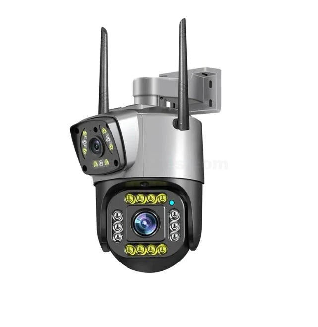 Dual Lens 360 PTZ Outdoor security camera with antennas on a white background