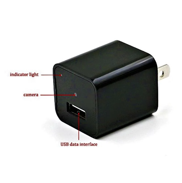 Black USB wall adapter built in spy camera with labeled parts on a white background