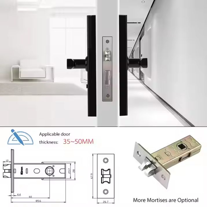 Image demonstrating the installation and compatible door thickness for the smart doorlock, showing optional mortises.

