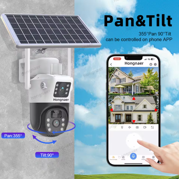 360 degree PTZ pan and tilt Solar-powered best security cameras for home
 with smartphone app control on a blue sky background