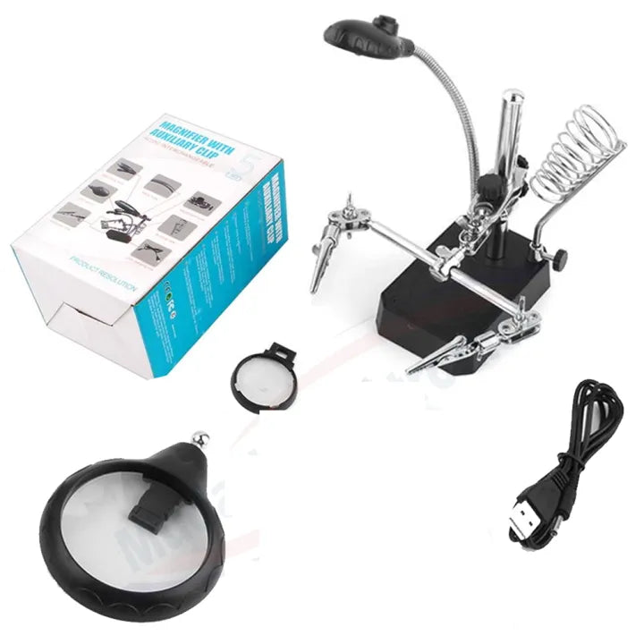 Soldering Magnifier stand complete Set of jewelry-making, repairing and DIY PCB tools including a lamp, clamps, and a magnifying glass with packaging on a white background.