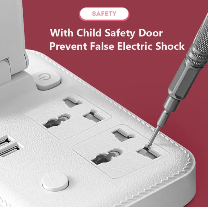 White smart lamp base highlighting child safety doors on power sockets with a screwdriver.