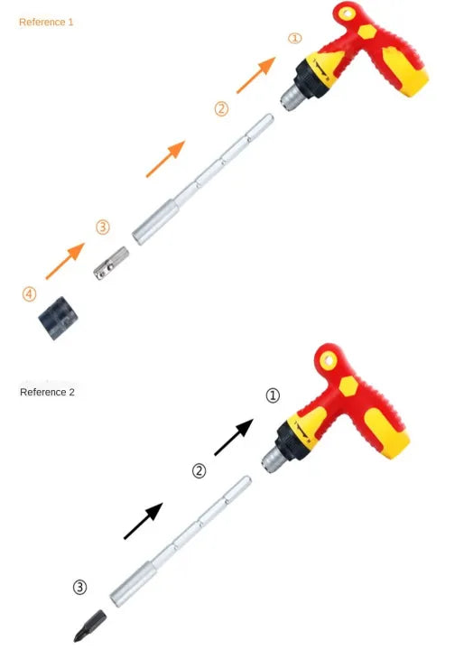 Diagram showing two ways to assemble the T-handle screwdriver and bit set with extensions.


