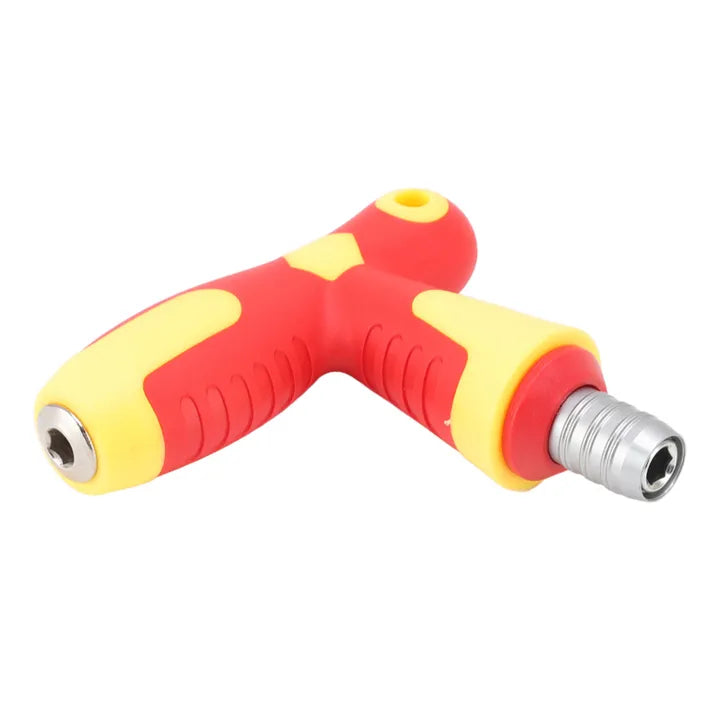 Close-up of the red and yellow T-handle screwdriver with a magnetic bit holder.

