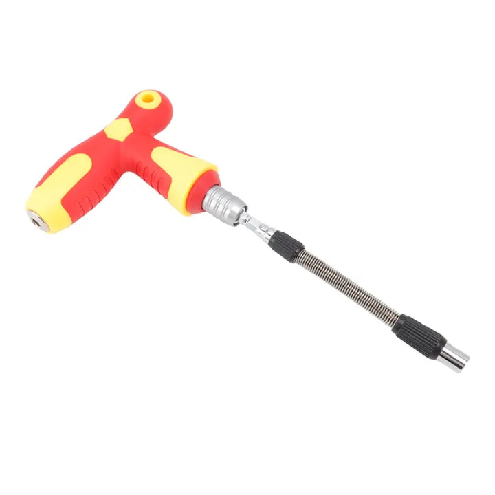 A red and yellow T-handle screwdriver set with a flexible extension rod.

