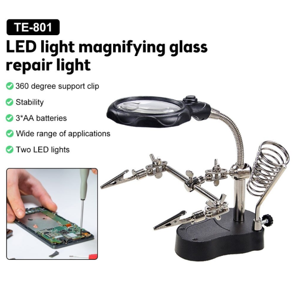 LED light magnifying glass repair light with flexible arm and tools, featuring text on its features.