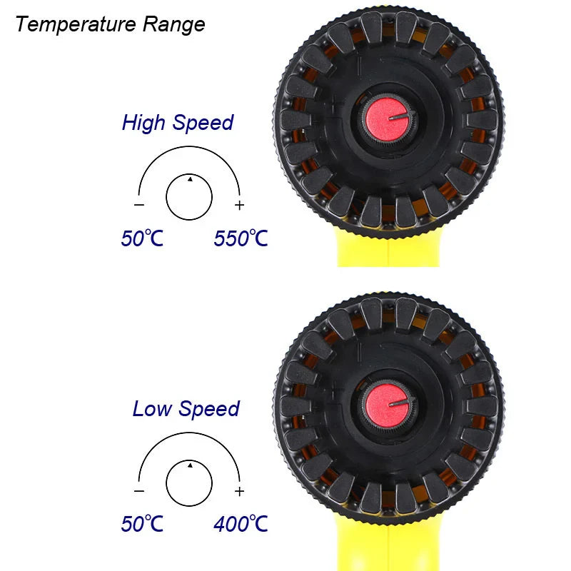 Two black and yellow heat gun rollers with temperature range labels on a white background