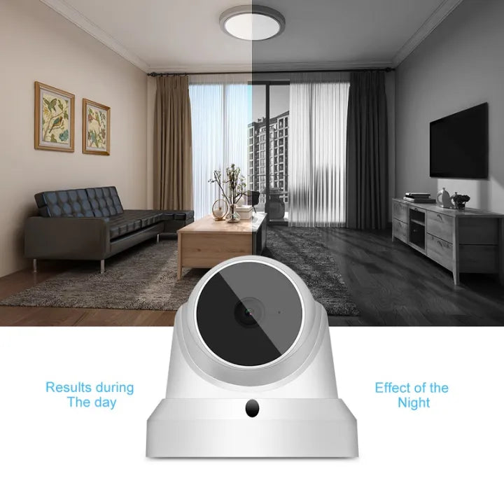 Smart CCTV camera showing day and night view comparison in a living room.