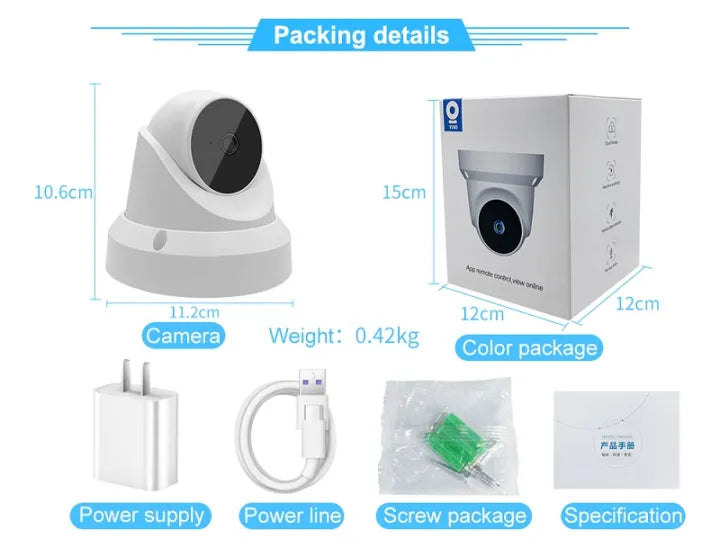 Packing details of a indoor IP security camera with dimensions, weight, and included items displayed.