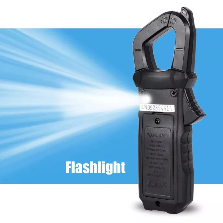 Black WinAPEX 8203 Digital Clamp Meter with a flashlight with a clip on a blue background