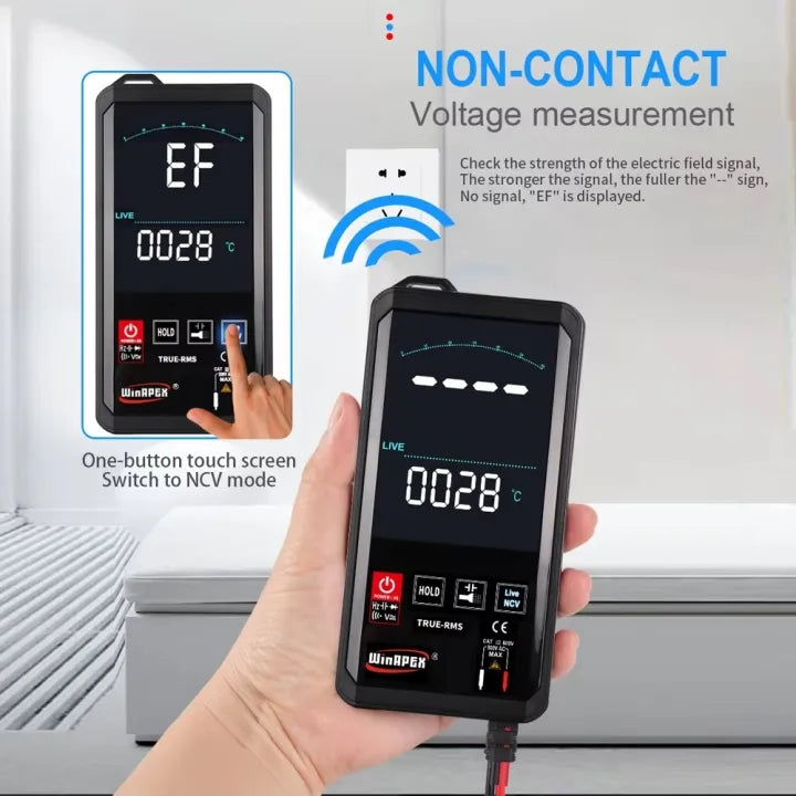 Winapex Digital tester for non-contact voltage measurement held by a hand with text and graphics on a neutral background.