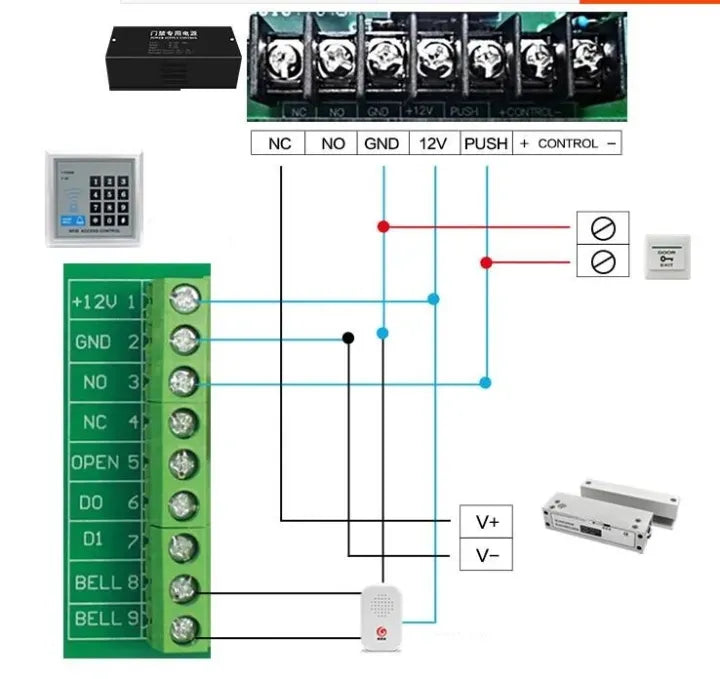 Wiring diagram for an automatic door lock system, showing connections for a keypad, power, and lock unit.

