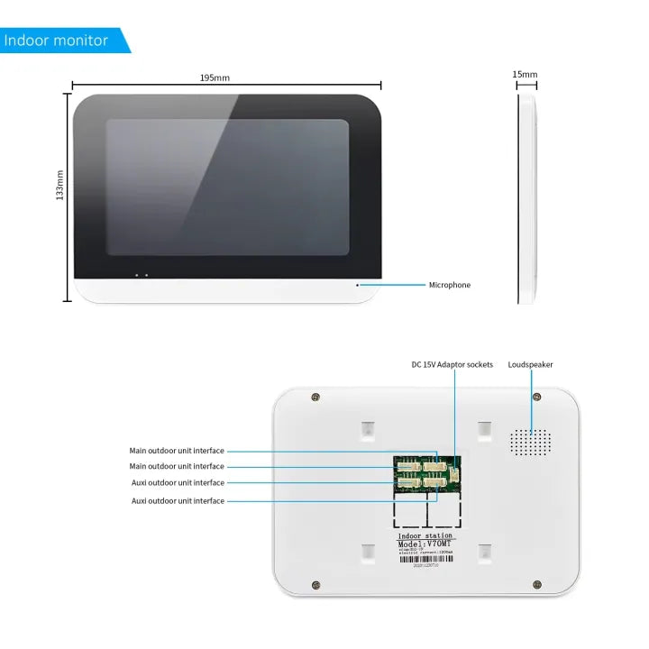 A detailed view of the AMOCAM 7-inch indoor monitor's back panel, highlighting its various connection interfaces. Labeled points include the DC 15V Adaptor sockets, Loudspeaker, and multiple 'Main outdoor unit interface' and 'Auxi outdoor unit interface' connection ports, showing the wiring hub for the video intercom system. The model number 'V70MT' is visible on the label.