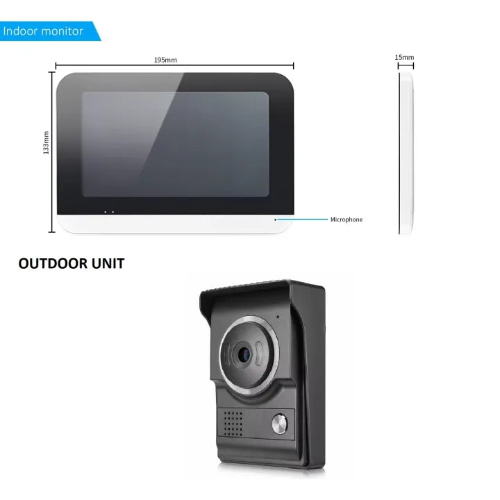 A comprehensive diagram showcasing the AMOCAM 7-inch indoor monitor and outdoor unit of a video intercom doorbell system. The indoor monitor displays dimensions (195mm width, 133mm height, 15mm thickness) and indicates a microphone. The outdoor unit, a sleek black video doorbell camera with a silver lens ring and a push button, is shown below, detailing the complete system components.