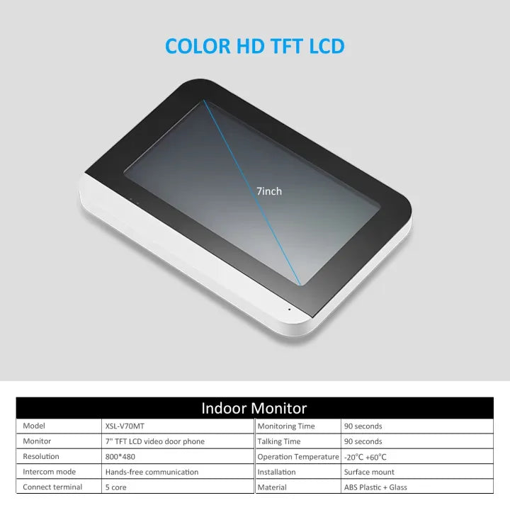 A visual presentation of the AMOCAM 7-inch indoor monitor, angled to showcase its 7-inch COLOR HD TFT LCD screen. A table below details key specifications: Model XSL-V70MT, 7" TFT LCD video door phone, 800*480 resolution, Hands-free intercom mode, 5 core connect terminal, 90 seconds monitoring and talking time, -20°C to +60°C operation, surface mount installation, and ABS Plastic + Glass material.