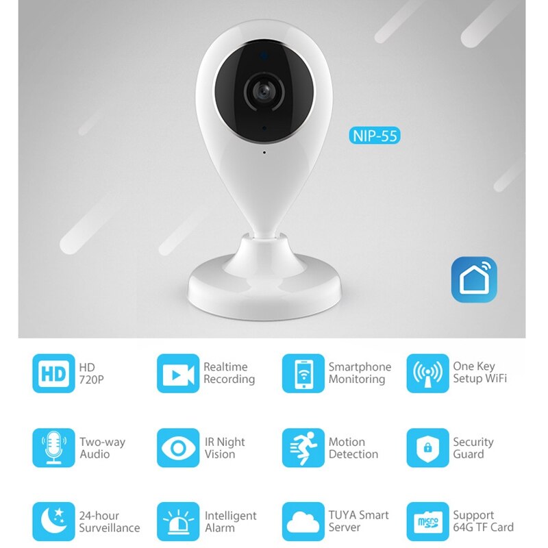 White Baby camera with features listed on a gray background