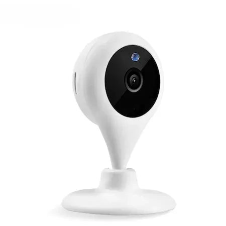 White infant indoor ip camera with black lens on a white background