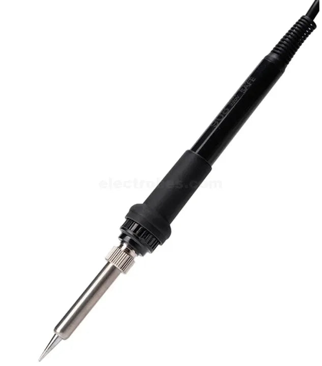 Close-up of the soldering iron tip, showing the heat-resistant handle and metal ferrule.