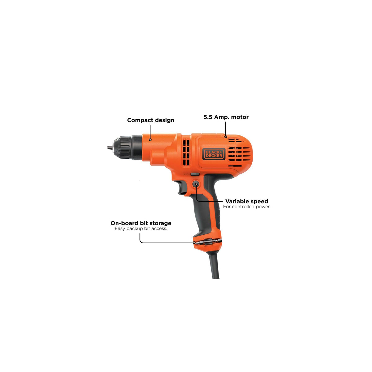 Black+Decker Corded Drill, 5.5-Amp side profile | Smaronics