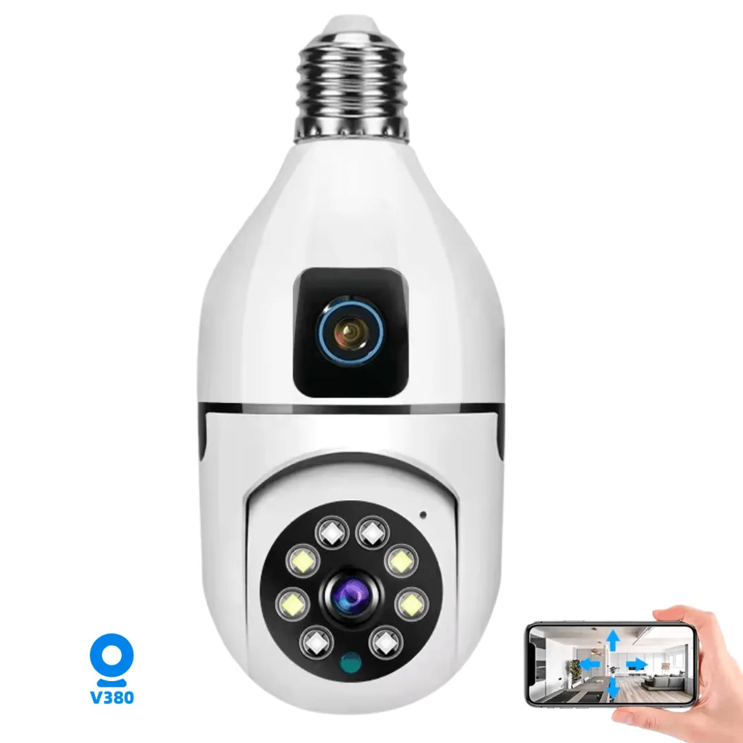 Best light bulb security camera with a hand holding a smartphone displaying the camera view on a white background