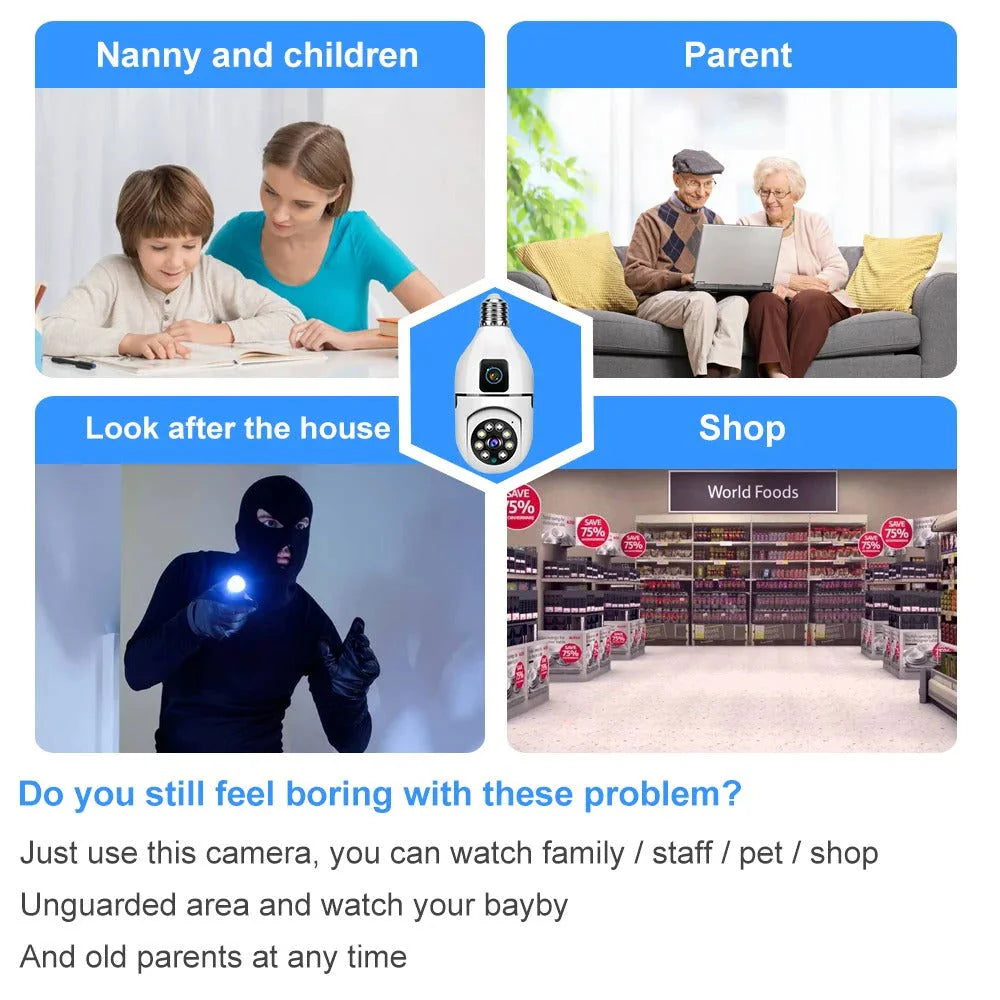 wifi bulb camera Advertisement for a security camera with various scenarios including family, shopping, and security.