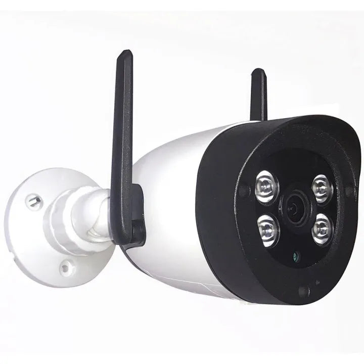 Outdoor surveillance bullet camera with wireless antenna on a white background