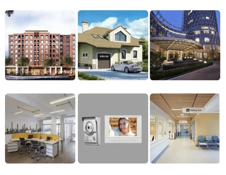 A collage of six different images shows the application of a video intercom system in various settings. These include a modern apartment building, a suburban house, a hotel entrance, an office, a hospital hallway, and a separate image of the outdoor unit and indoor monitor.
