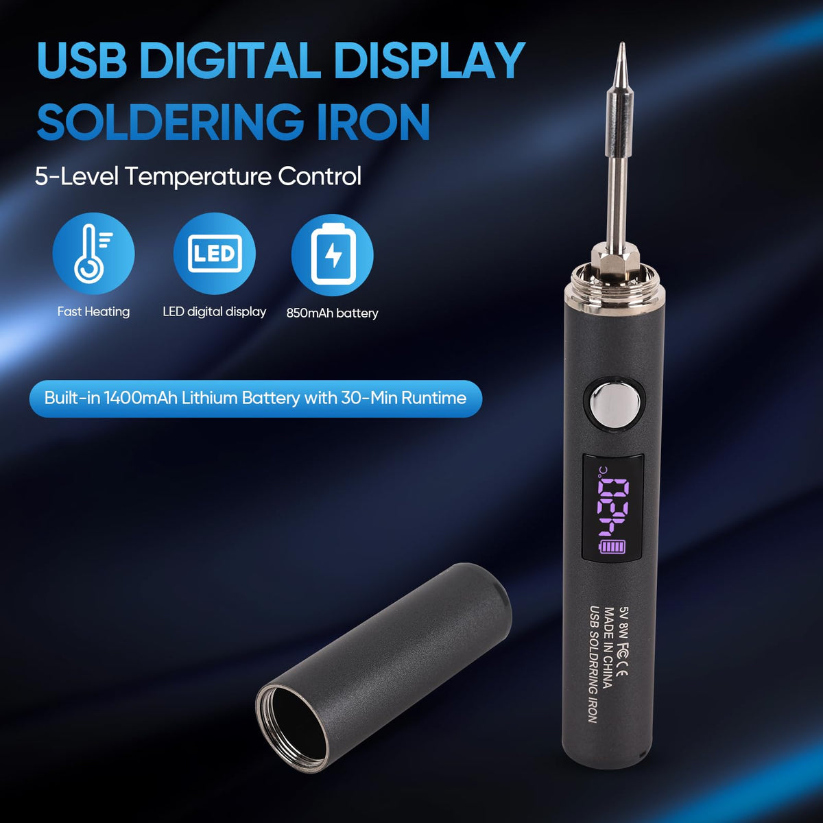Cordless Soldering Iron Kit with OLED Screen rear design | Smaronics
