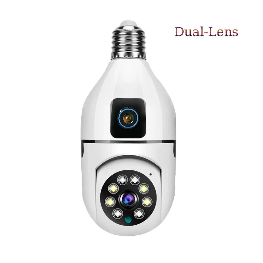 White  security bulb camera with dual-lens design on a white background