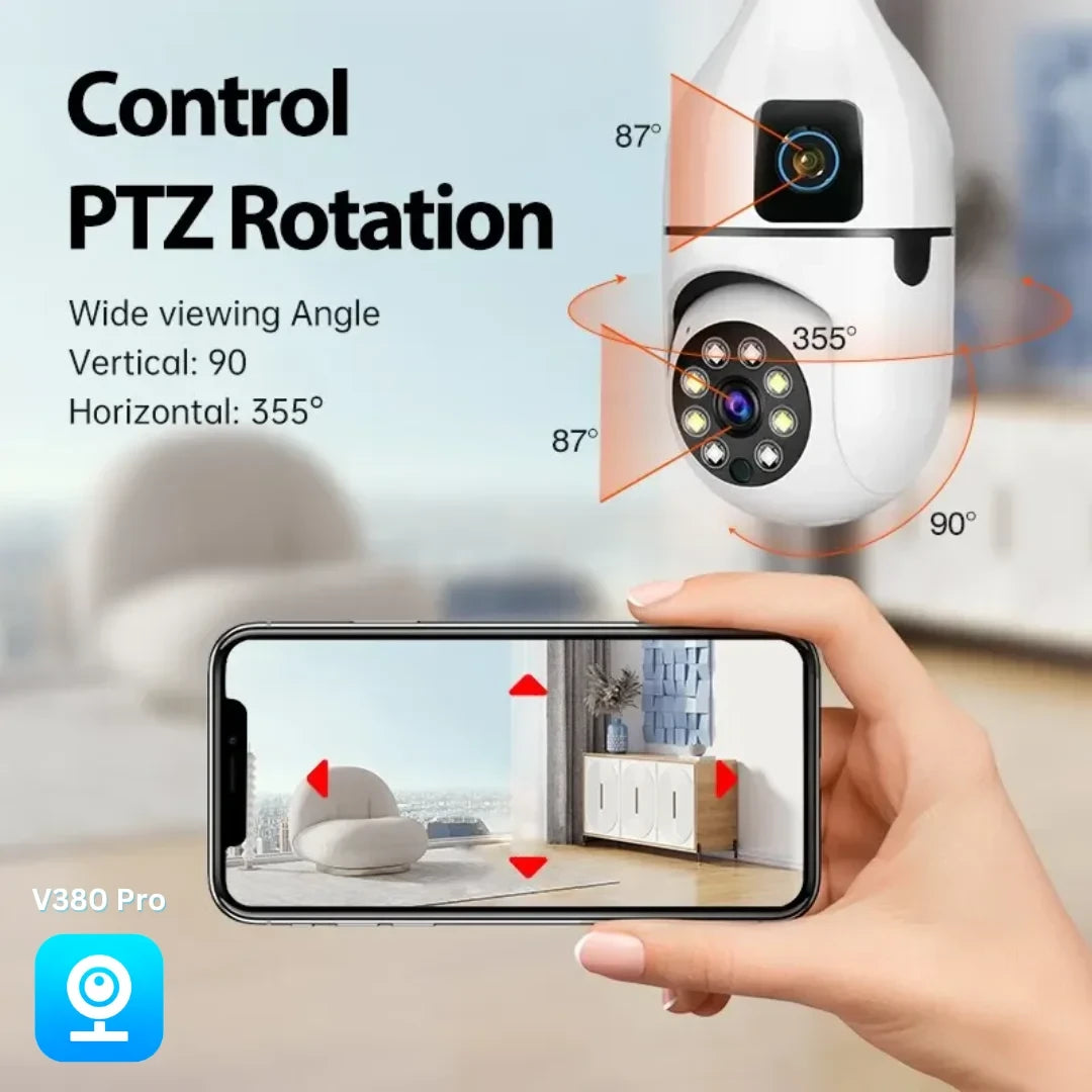 v380 Smart bulb camera with PTZ control features displayed on a smartphone screen, with a hand holding the phone.
