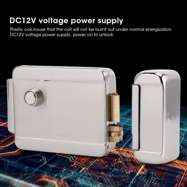 A silver electric lock for gate with a DC12V power supply, designed for secure and reliable operation.