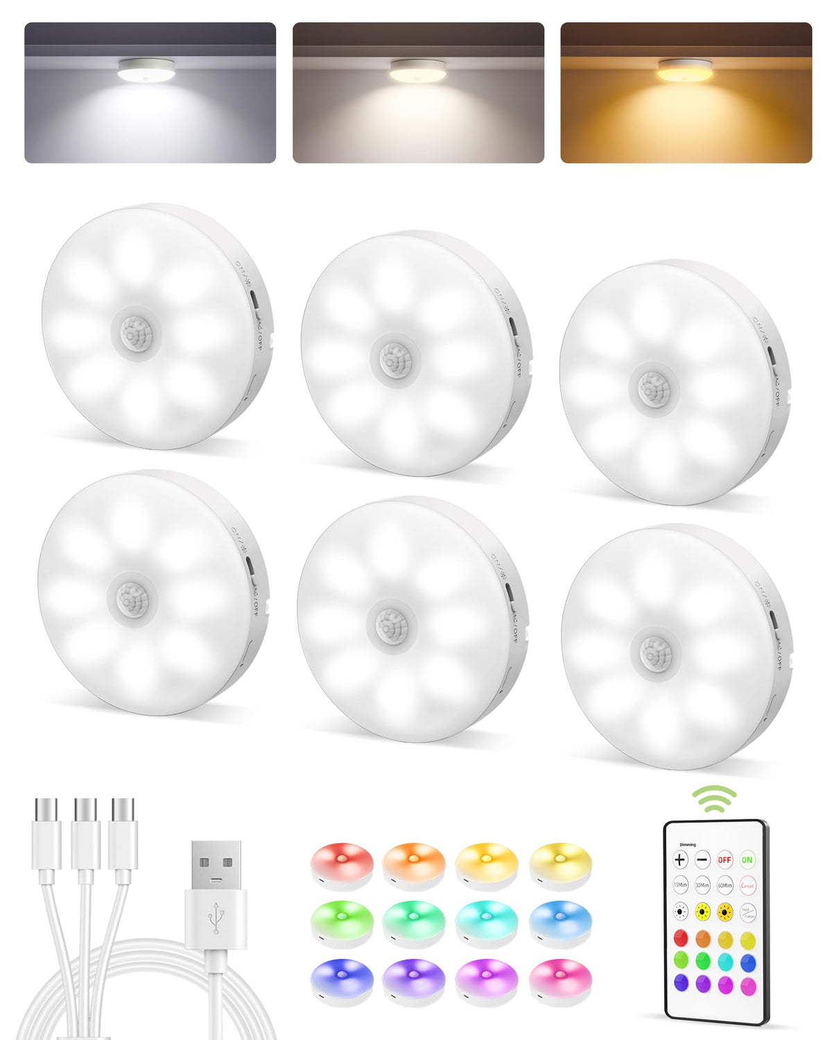 ezvalo rgb under cabinet puck lights front angle product view | Smaron