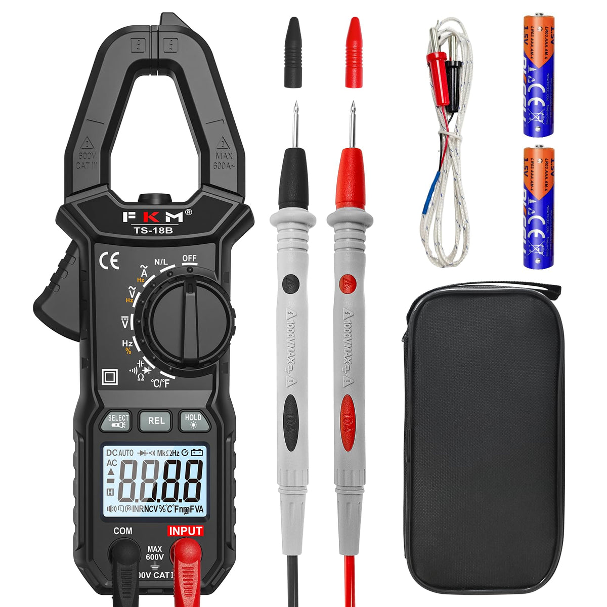 fkm clamp meter true rms 6000 counts ac clamp meter front angle produc