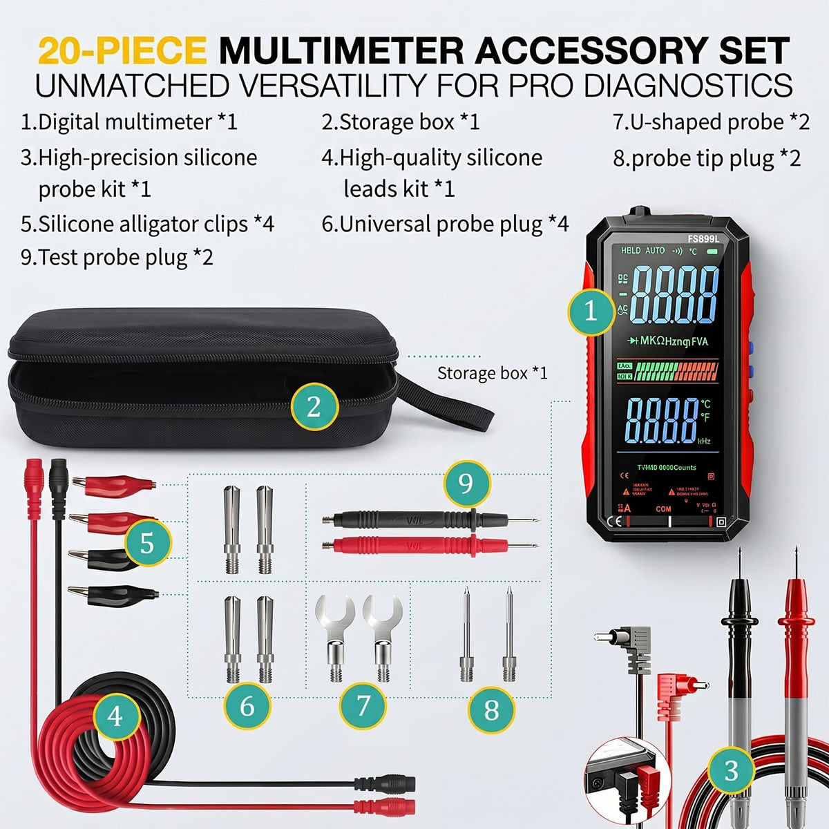 fs899l digital multimeter 20pcs silicone test leads kit product detail