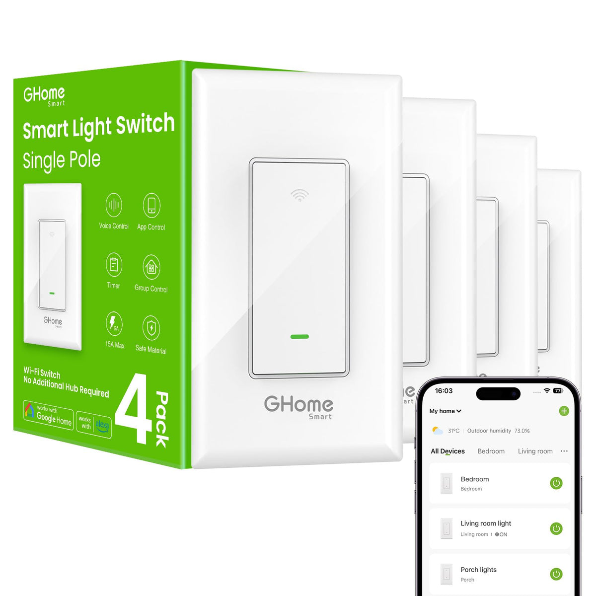 GHome Smart Switches for Lights, 4 Pack front angle | Smaronics