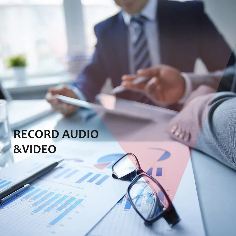 Business meeting with people at a table, spy glasses with hidden camera on the table, and text 'Record Audio & Video'.
