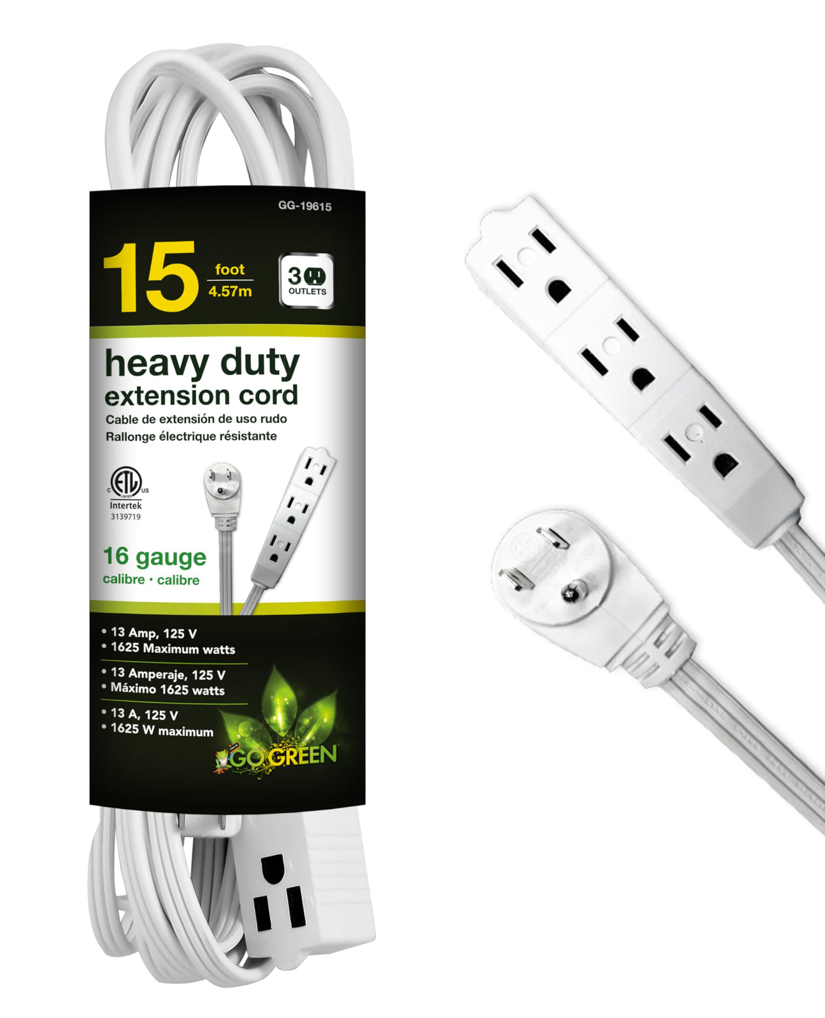 gogreen power 15ft extension cord front angle product view | Smaronics