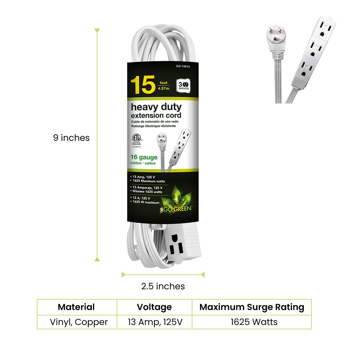 gogreen power 15ft extension cord rear design product view | Smaronics