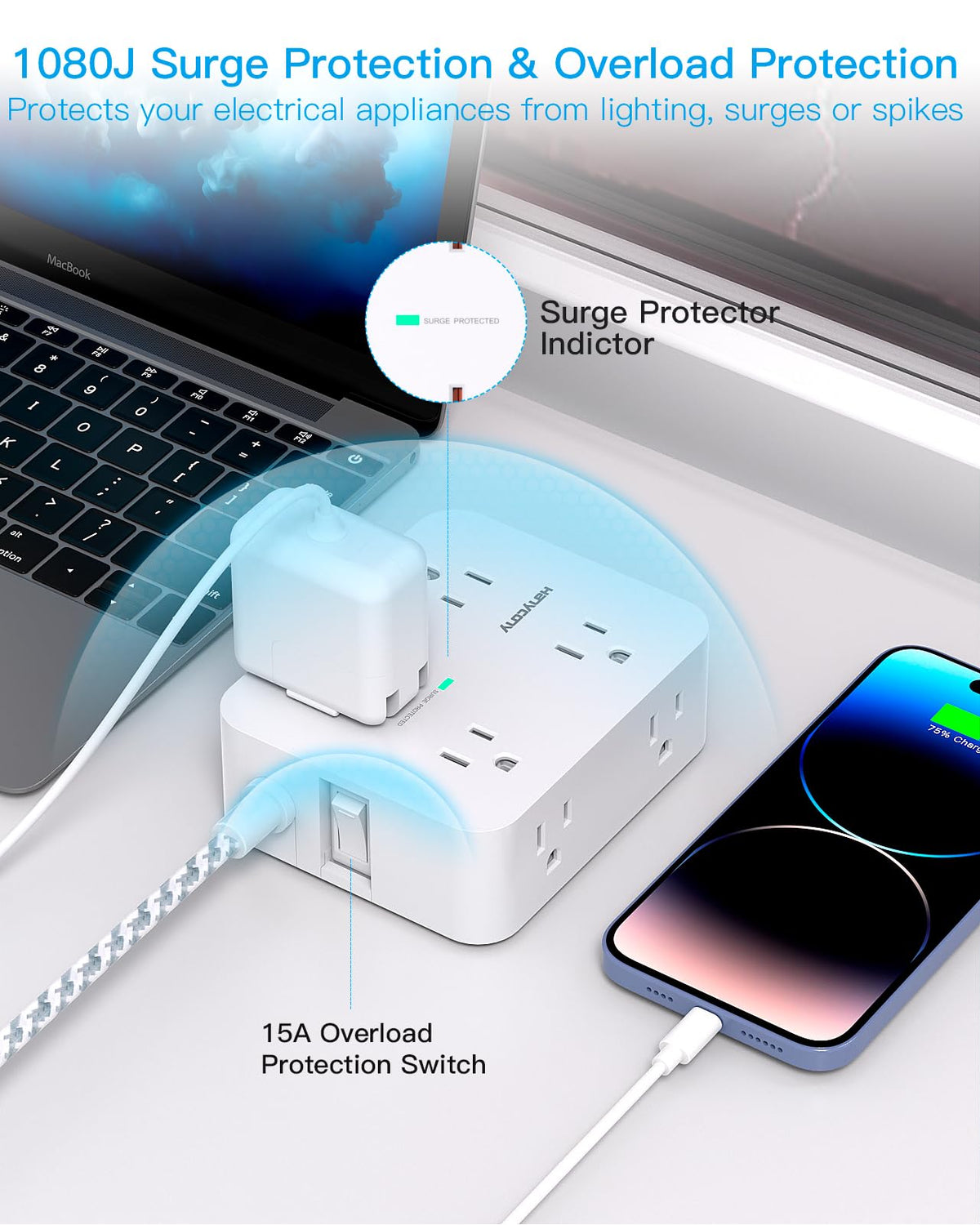 HANYCONY Surge Protector Power Strip side profile | Smaronics